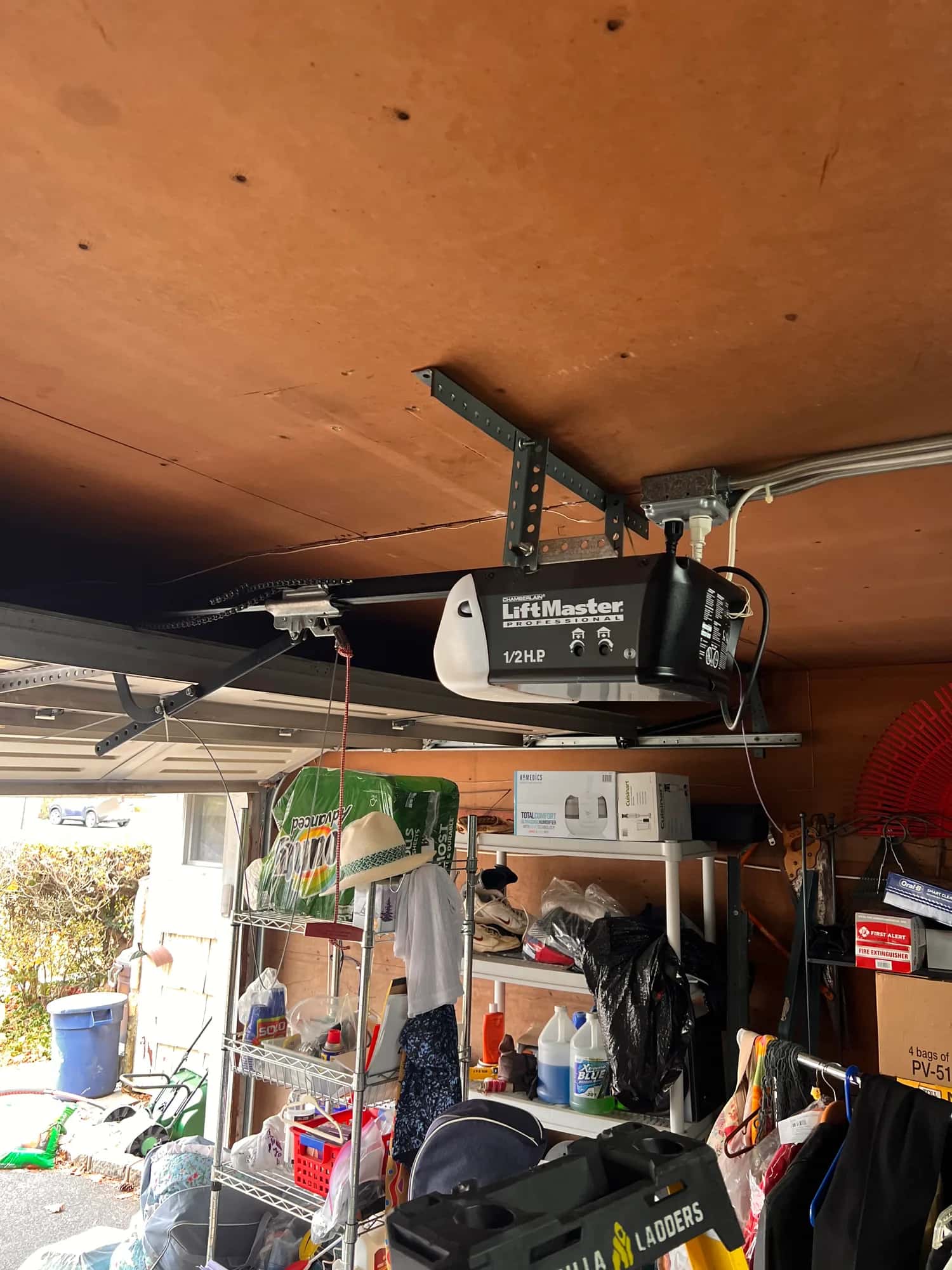 LiftMaster garage door opener mounted on a garage ceiling